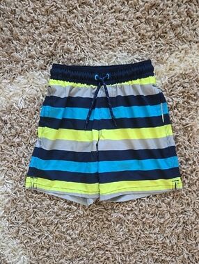 Wonder Nation Striped Swim Trunks - Blue, Neon Yellow, Gray